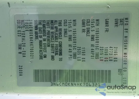 2017 Nissan Nv200 2.5S/2.5Sv z USA, uszkodzony, nr VIN 3N6CM0KN4HK706321